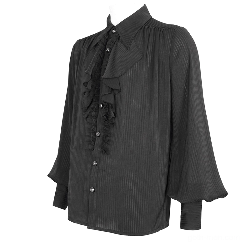 Black gothic ruffled shirt close-up showing gathered yoke design and pointed collar on mannequin