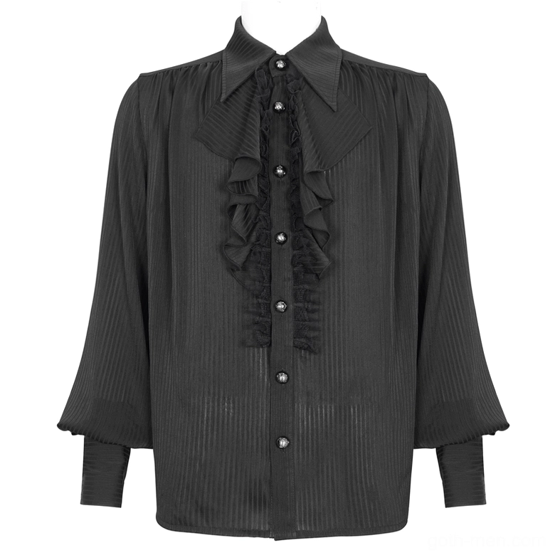Black gothic ruffled lantern sleeve shirt on mannequin displaying front pointed collar and ornamental gem buttons