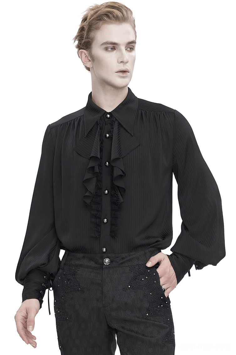Black gothic ruffled lantern sleeve shirt front view on male model with gem button details and dramatic voluminous sleeves