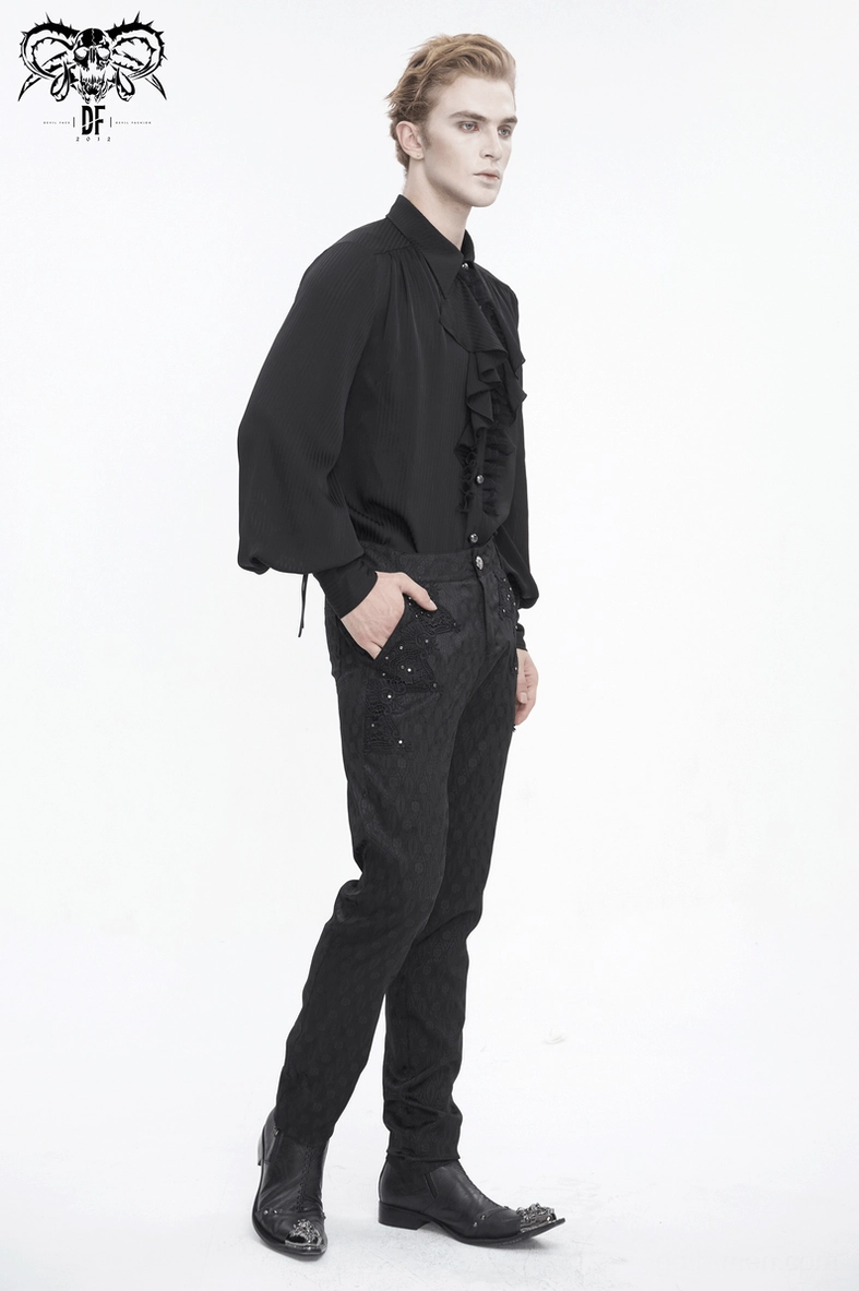 Black gothic ruffled lantern sleeve shirt full silhouette view emphasizing theatrical Victorian-goth aesthetic