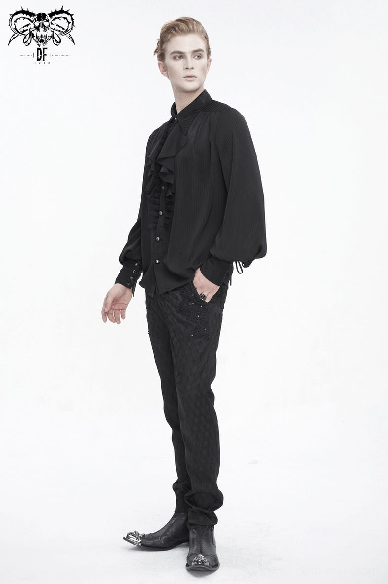 Black gothic ruffled lantern sleeve shirt styling display showing pointed collar and ornate gem button details