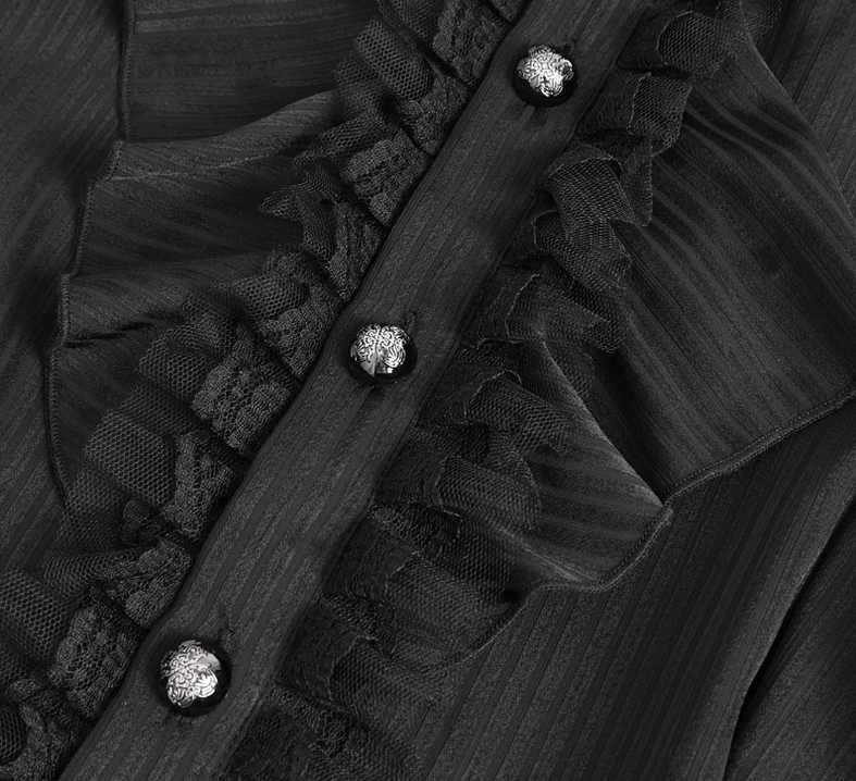 Black gothic shirt front placket close-up showcasing sparkly gem buttons and ruffled mesh trim detailing