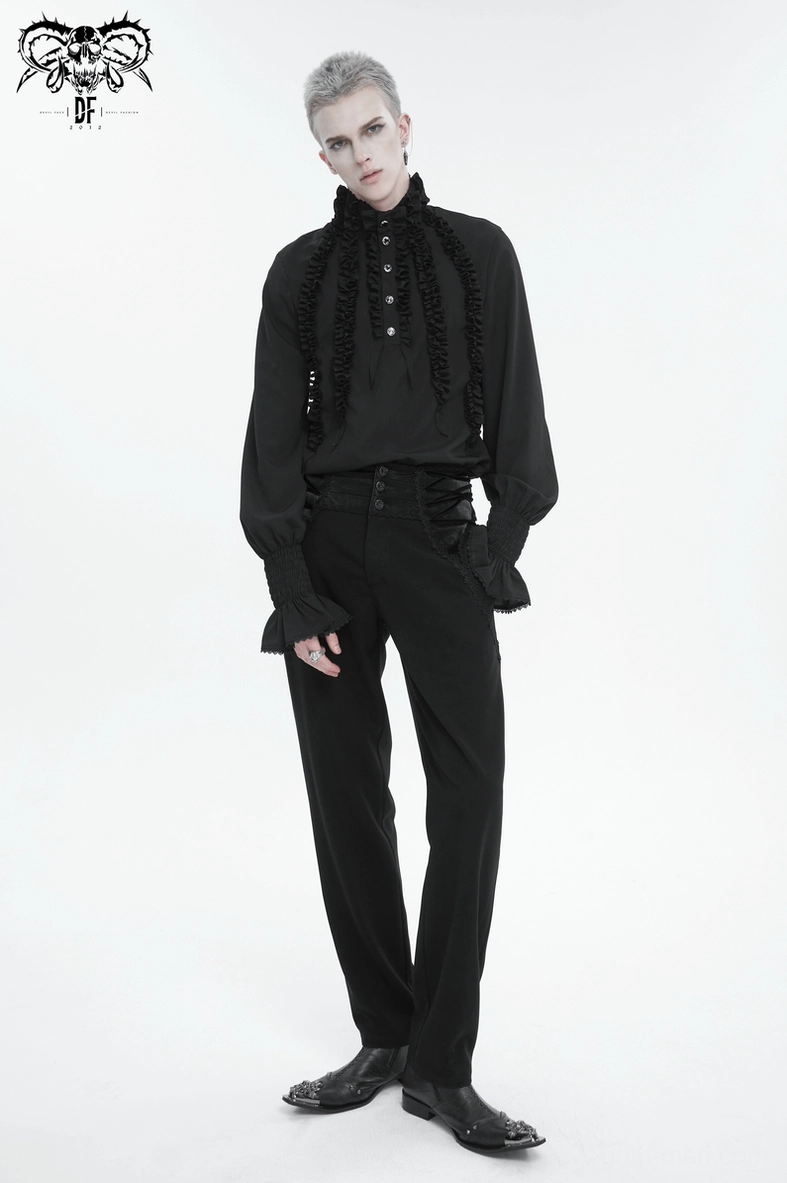 Black gothic ruffled shirt back and side profile, high collar and structured fit demonstration