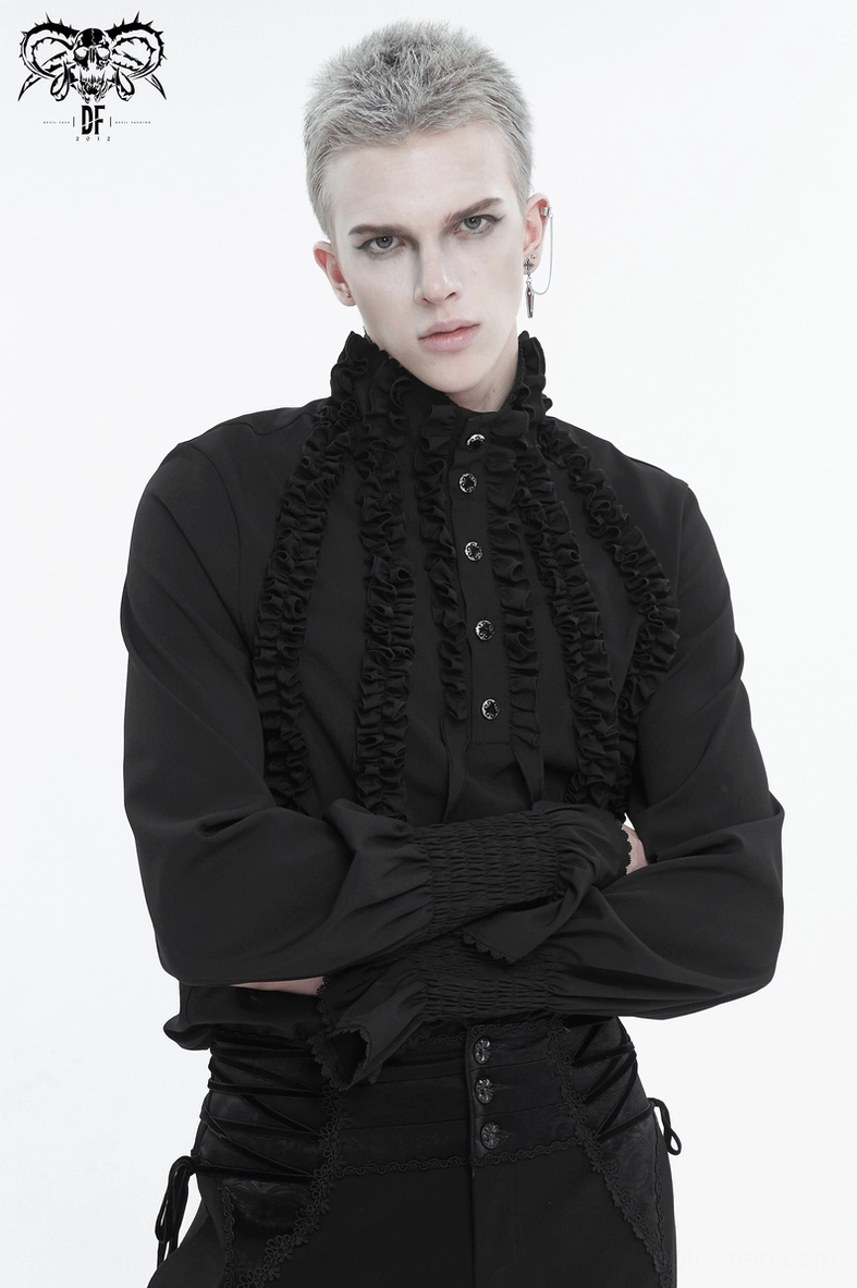 Black gothic ruffled shirt posed shot displaying front ruffle design and stand collar on figure