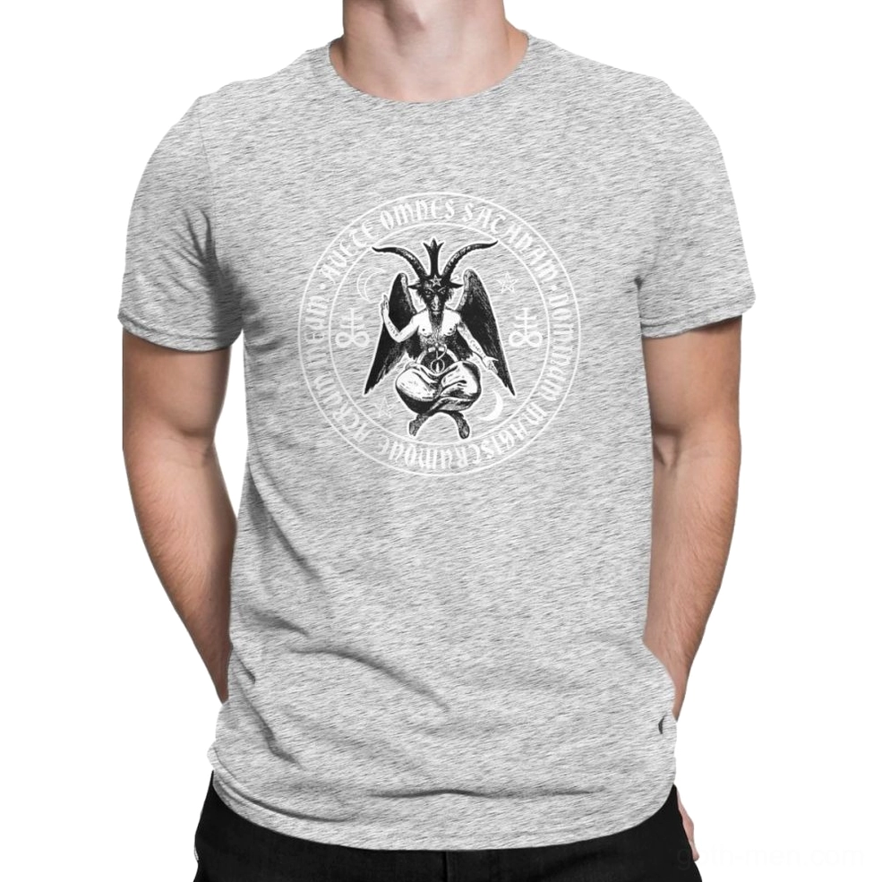 Male model wearing black Baphomet satanic cross gothic t-shirt, side profile view