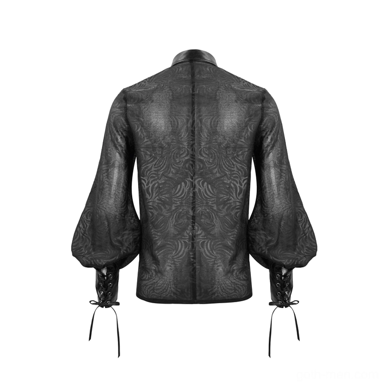 Back panel flat lay of black gothic jacquard transparent shirt showing sheer mesh fabric texture and tailored silhouette details