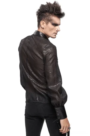 Gothic black sheer jacquard shirt with lace-up cuff fasteners - back full body shot showing transparent mesh and leather details, alternative fashion styling