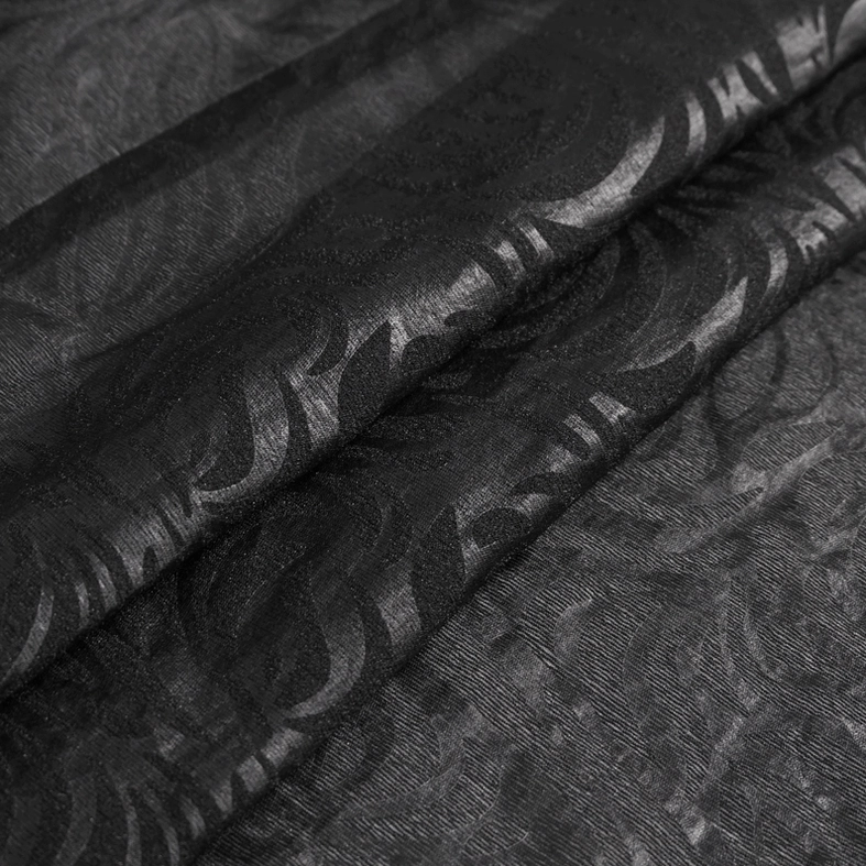 Black gothic jacquard transparent shirt showing lantern sleeve silhouette and overall garment construction, sheer layering piece