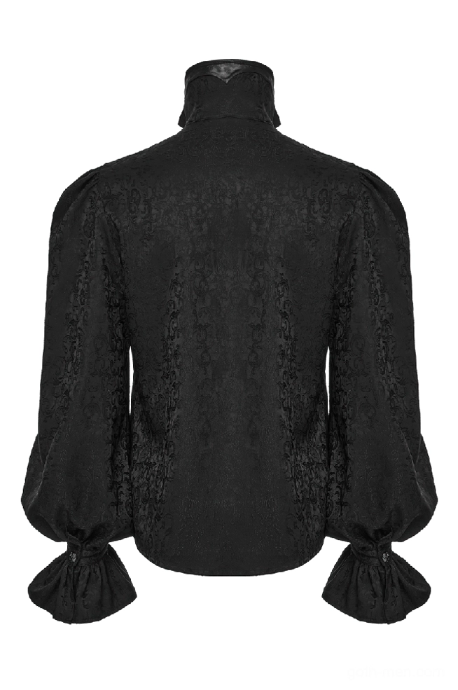 Back view flat lay of black gothic shirt showing full jacquard woven fabric and sleeve structure