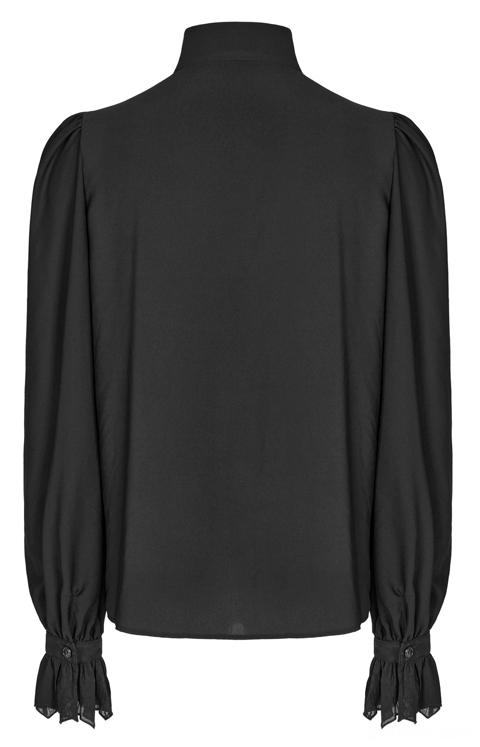 Rear flat lay of black gothic ruffle shirt showing solid stand collar, plain back construction, and buttoned bishop sleeves
