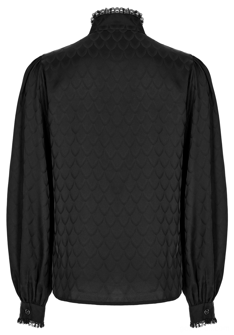 Black jacquard gothic shirt back flat lay seamless construction and dragon scale texture