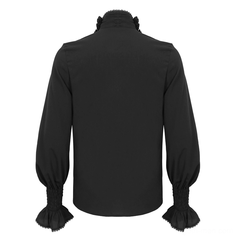 Black gothic ruffled shirt rear view on dress form, solid back design with smocked ruffled cuffs detail