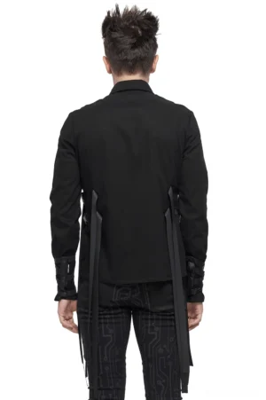 Black gothic punk shirt rear view showing dual extended back nylon straps and buckle fasteners