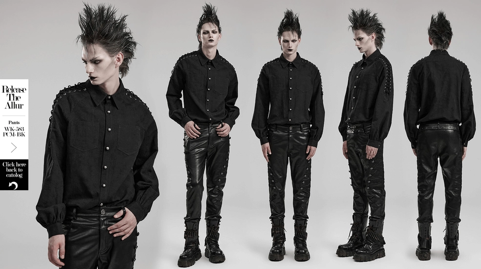 Black lace-up gothic shirt for men - front facing close-up showing hand-sewn buttons and jacquard texture