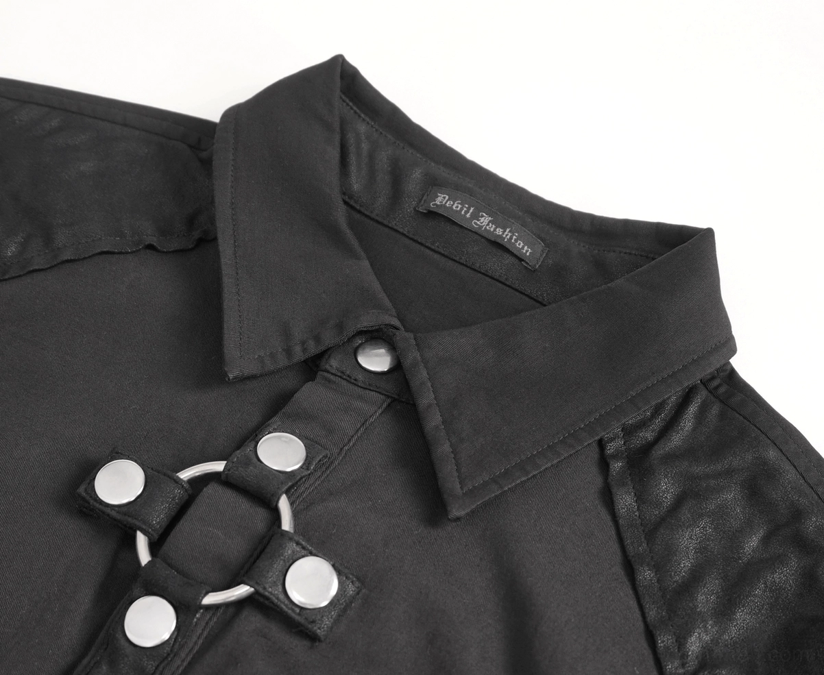 Close-up detail of black gothic shirt collar, front placket, and metal stud fasteners with imitation leather trim