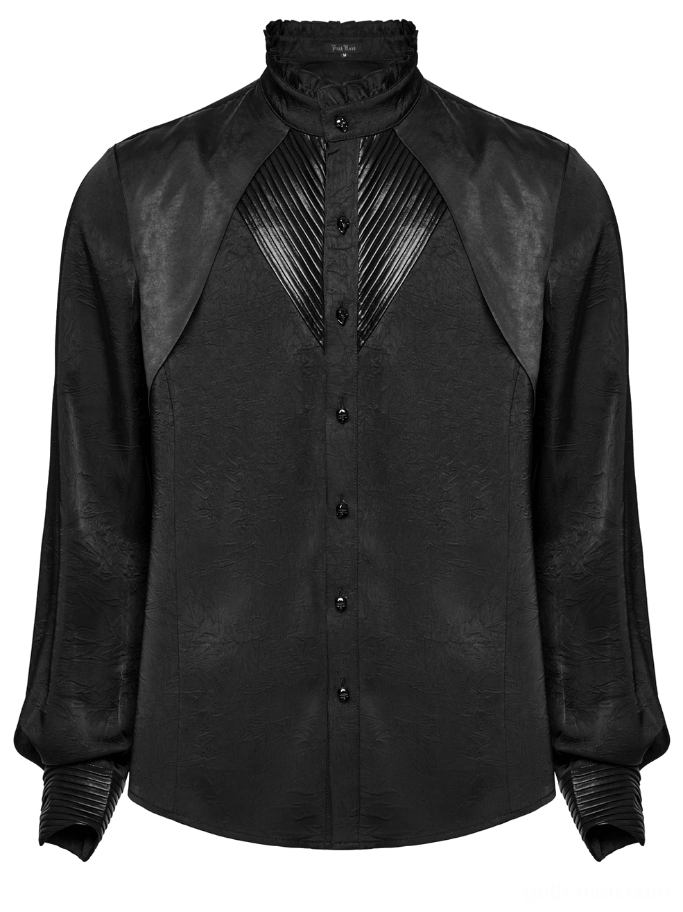 Black gothic shirt front flat lay displaying ruffled stand collar and long pleated sleeves
