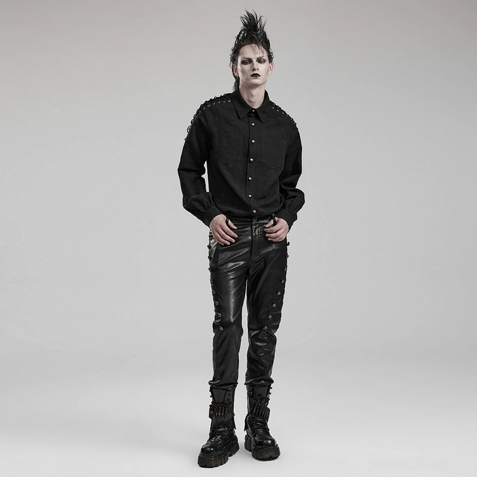 Black lace-up gothic shirt for men - model wearing complete styling with accessories demonstrating goth outfit coordination