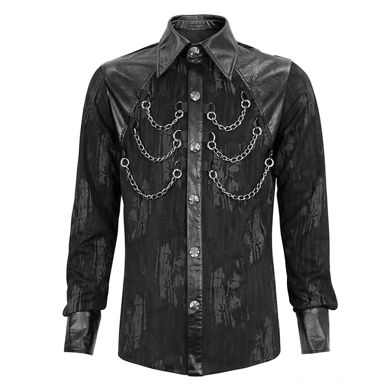 Black gothic long sleeve shirt front display with multi-layer detachable metal chains and PU leather panels