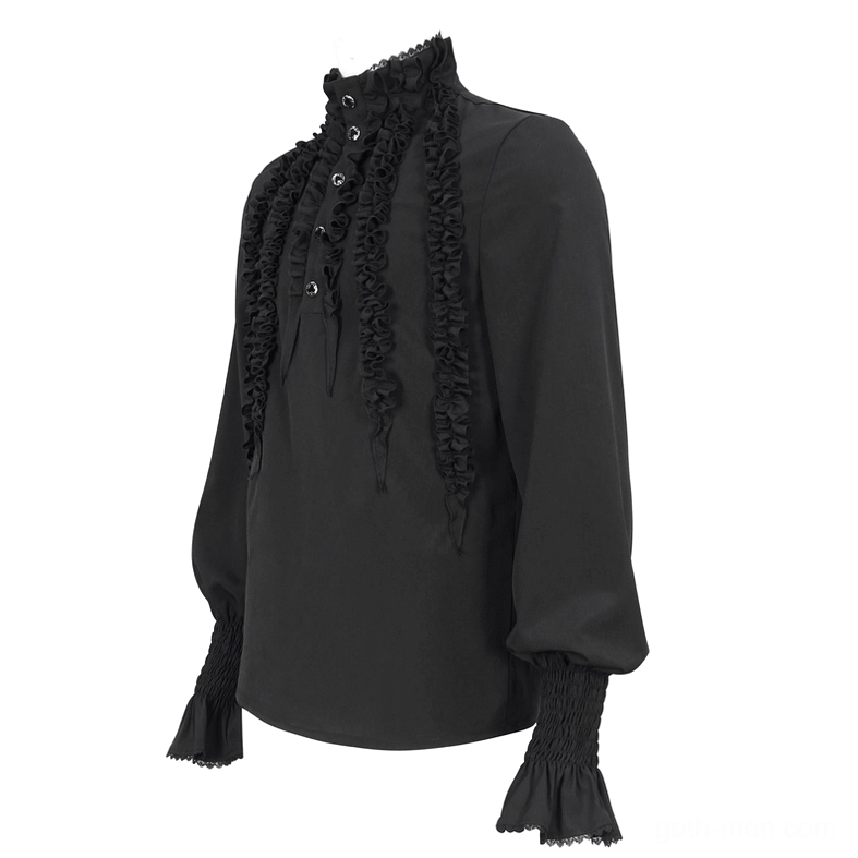 Black gothic shirt on dress form three-quarter angle, detailed view of stand collar and front ruffle trim