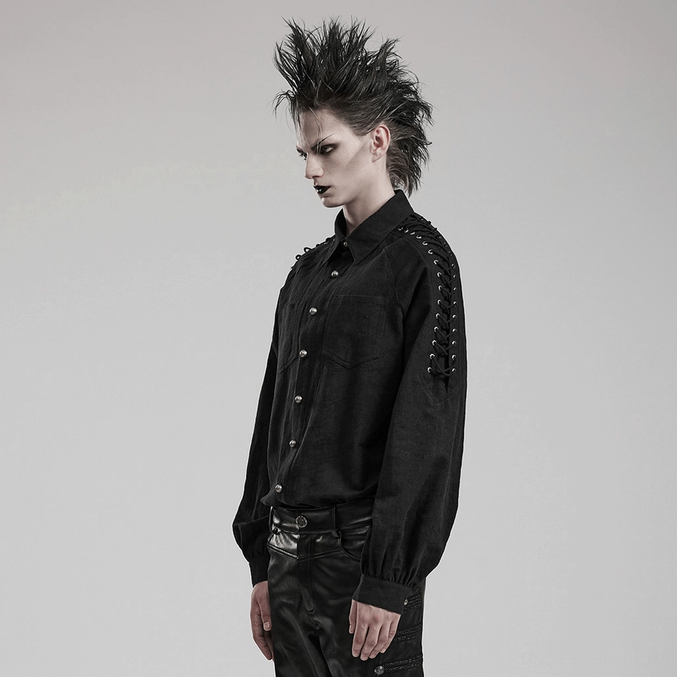 Black lace-up gothic shirt for men - angled view displaying embroidered woven fabric detail and lace placement