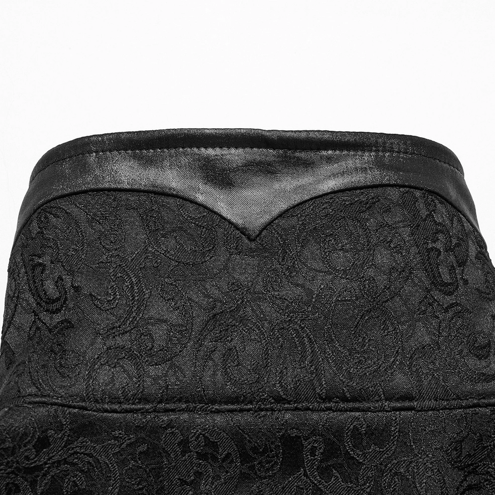 Black gothic shirt faux leather panel and lace trim stitching close-up showing construction quality