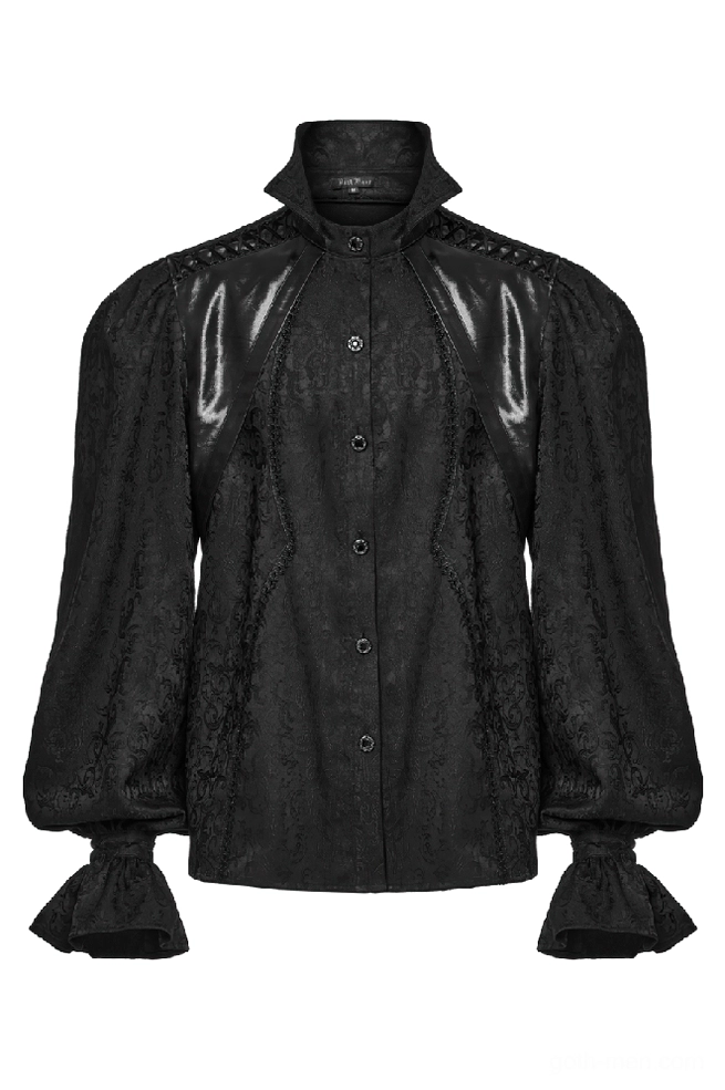Black gothic shirt faux leather shoulder panels and reinforced stand collar architectural detail