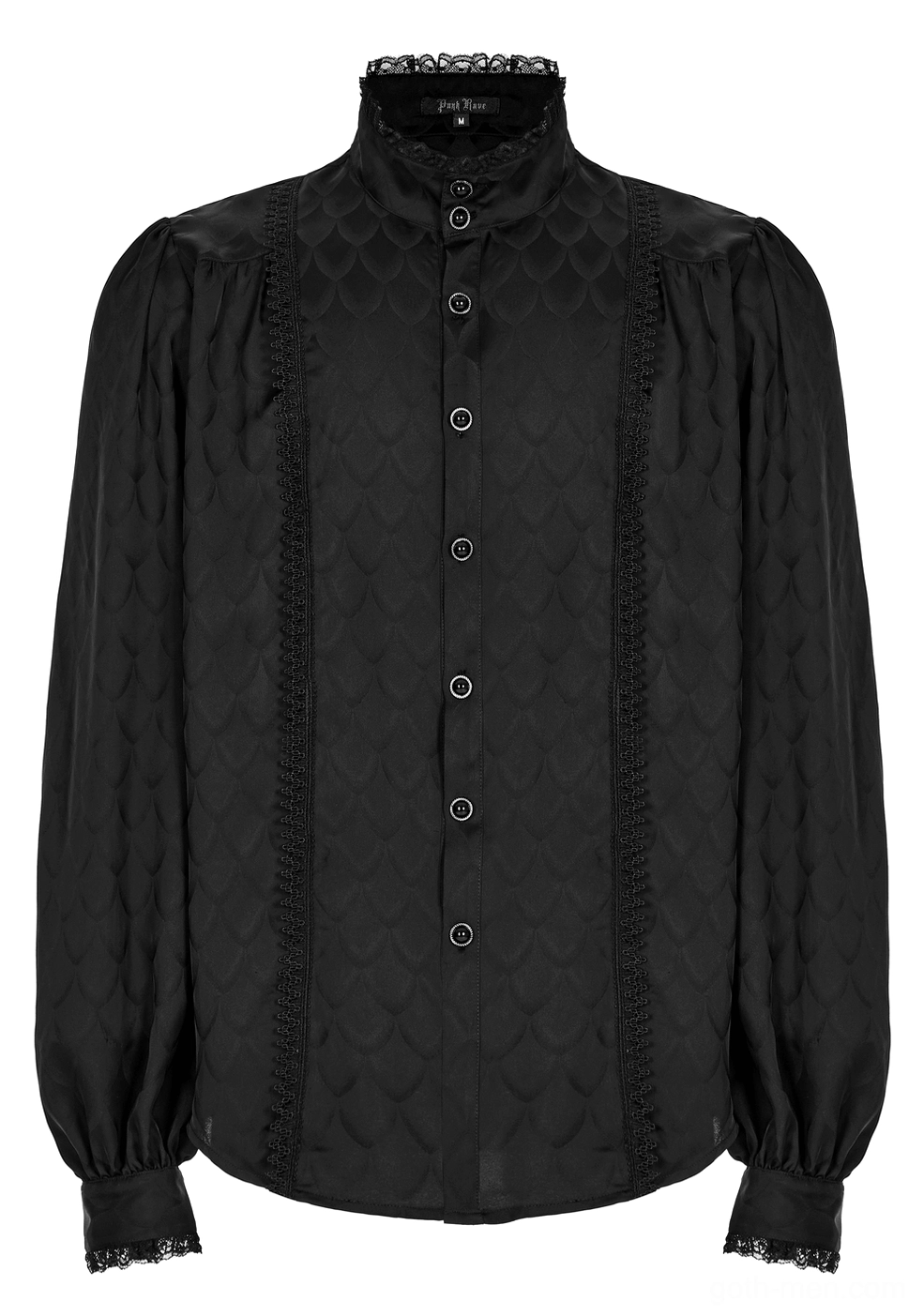 Black gothic shirt front flat lay showing button placket and scaled jacquard weave detail