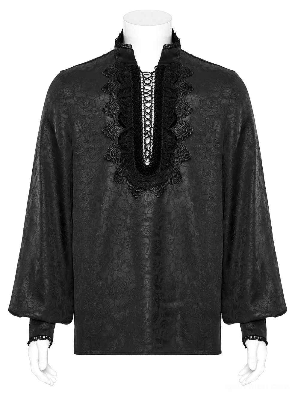 Full front view of black gothic stand-up collar shirt on mannequin with bishop sleeves and jacquard pattern