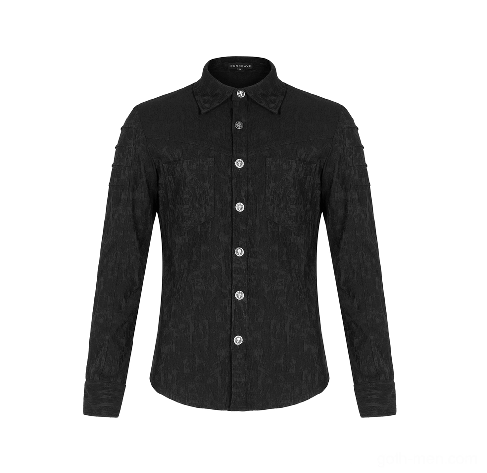 Black jacquard formal gothic shirt - front flat lay with point collar and full button placket closure
