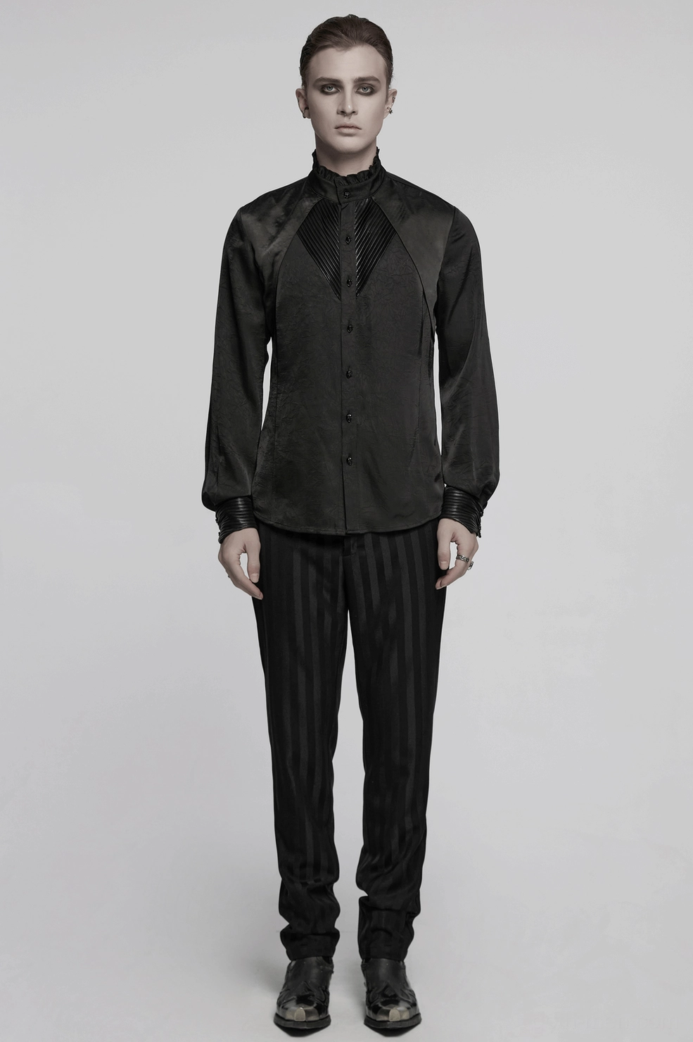 Black gothic men's shirt with glossy accents demonstrating overall silhouette and dark aesthetic