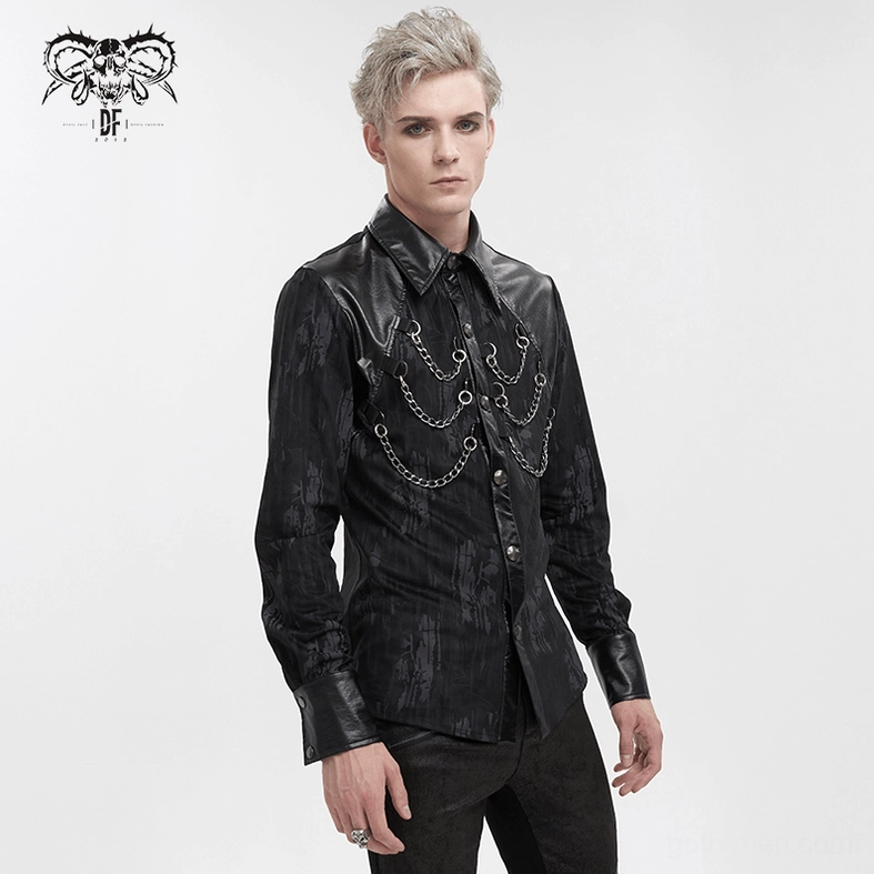 Black gothic long sleeve shirt showing complete hardware assembly - chains D-rings and snap button system