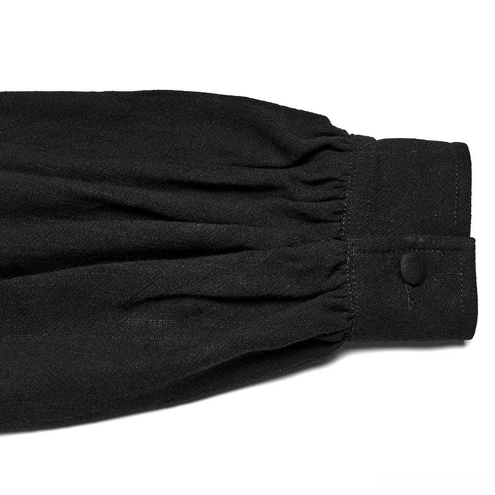 Black gothic shirt lantern sleeve cuff detail showing gathered fabric texture, single button closure, and soft woven material