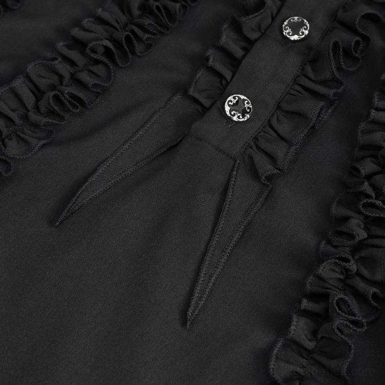Black gothic ruffled shirt detail shot showing layered front ruffle panels and fabric construction