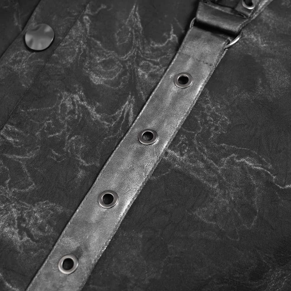 Marbled fabric and sleeve detail of black asymmetrical harness gothic button-up shirt