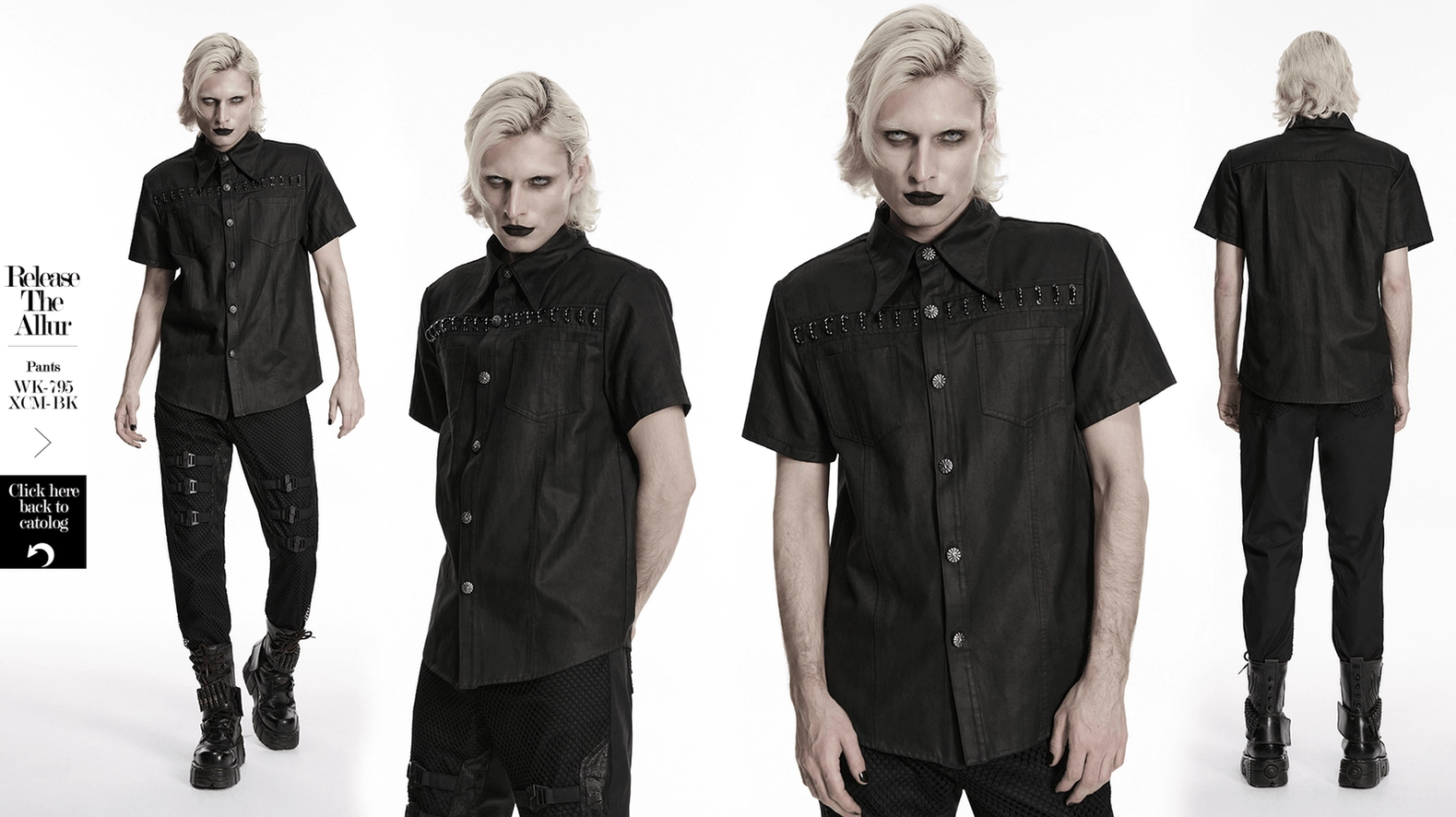 Black gothic washed suede shirt with metal trim displayed on model from multiple angles