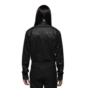 Elegant black gothic shirt with ornamental claw-set gemstone buttons and intricate paisley jacquard pattern, rear view