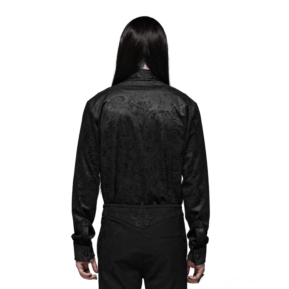 Elegant black gothic shirt with ornamental claw-set gemstone buttons and intricate paisley jacquard pattern, rear view
