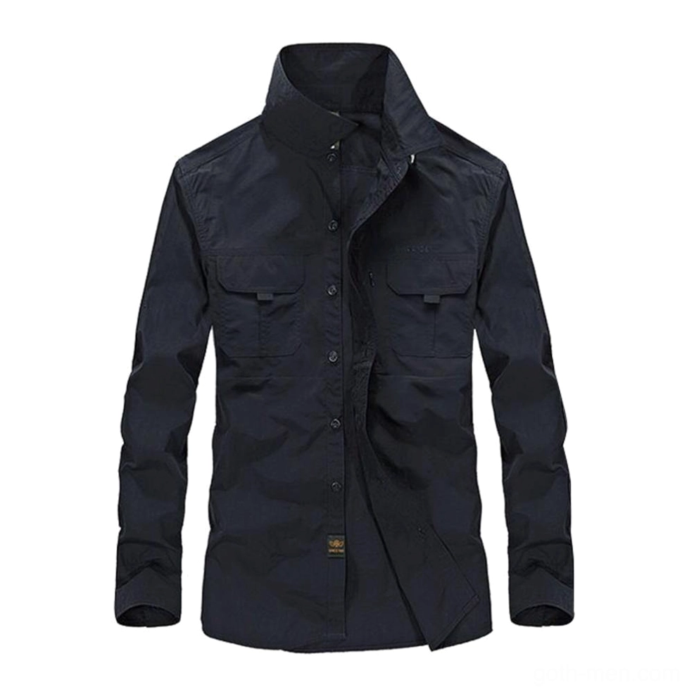Black gothic utility shirt half-open placket detail showing button construction and chest pocket design