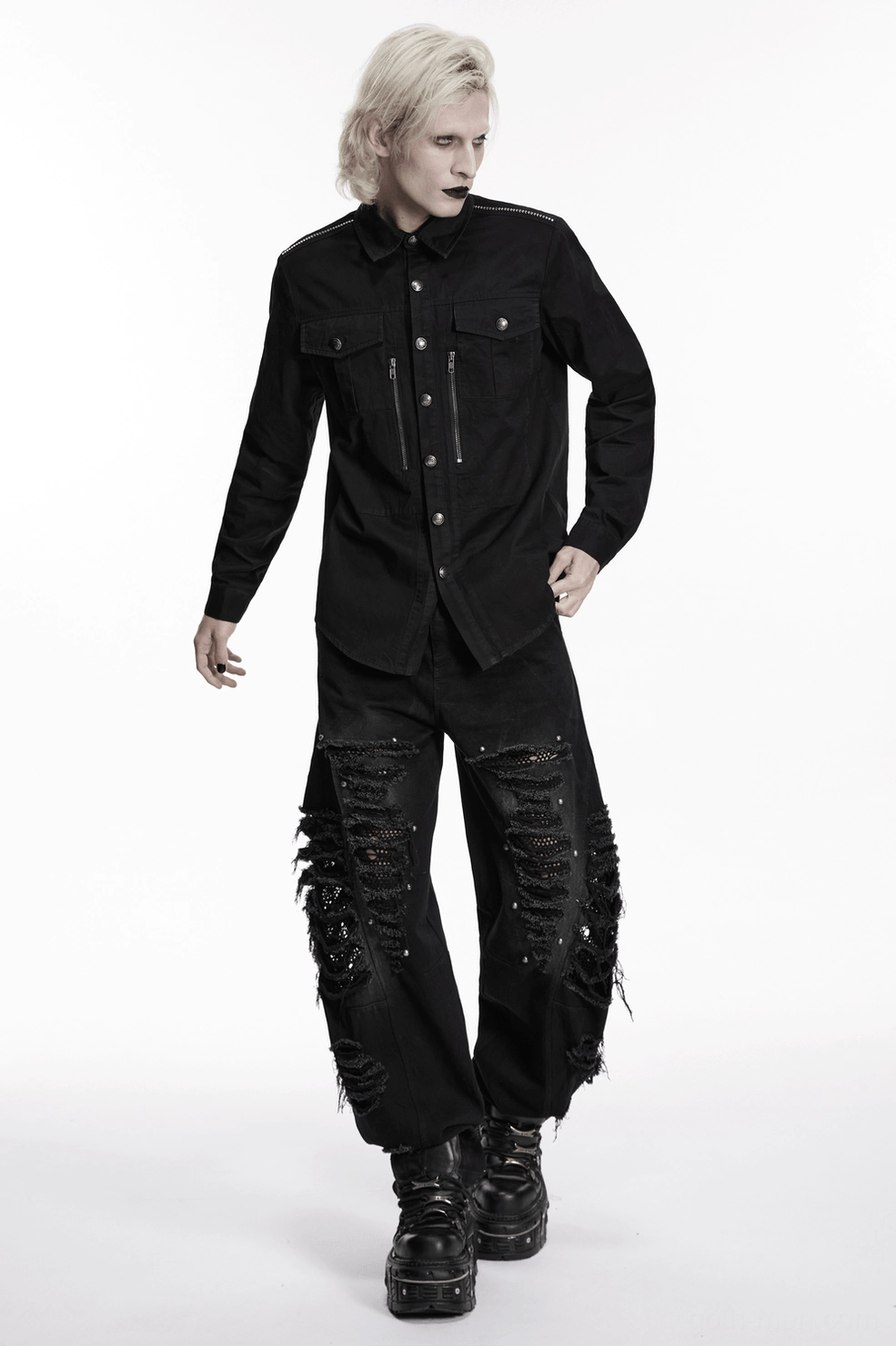 Close-up view of black gothic workwear shirt placket and dual zip chest pockets with branded round buttons