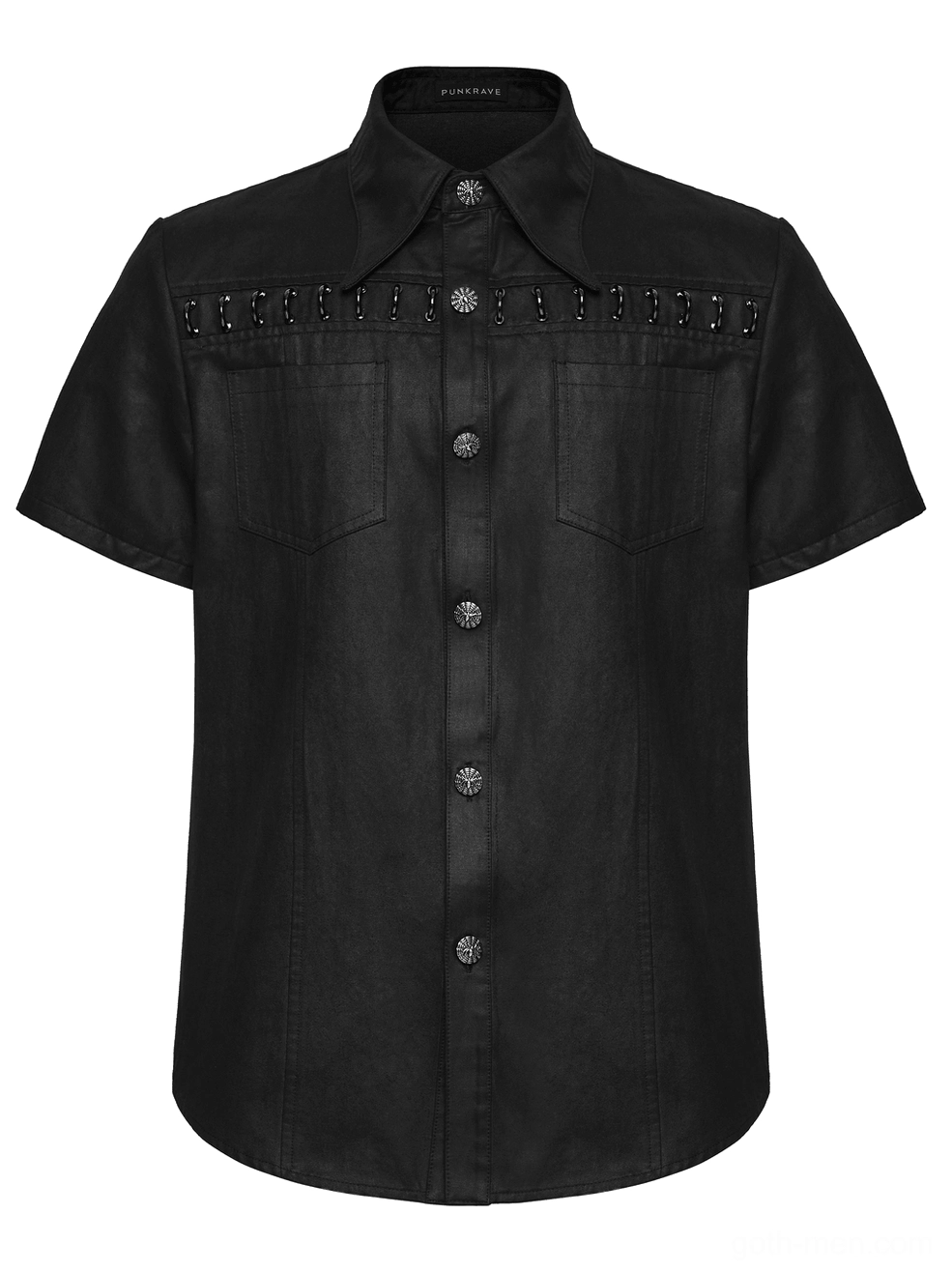 Black gothic shirt flat lay front view displaying dual chest pockets and decorative metal buttons