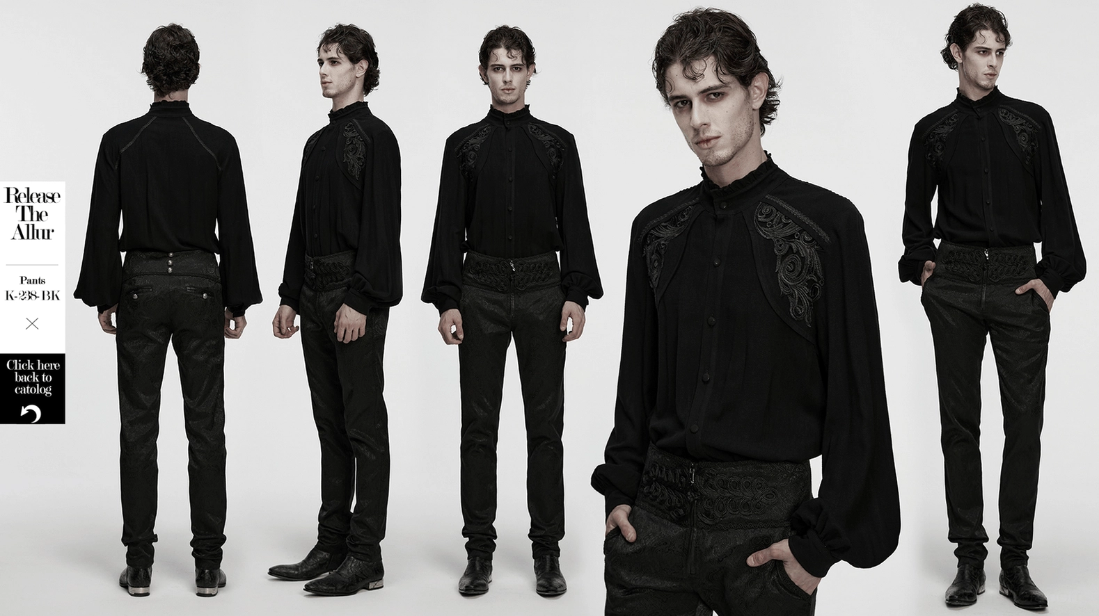 Black gothic embroidered shirt raglan shoulder seam construction and lantern sleeve architecture close-up detail