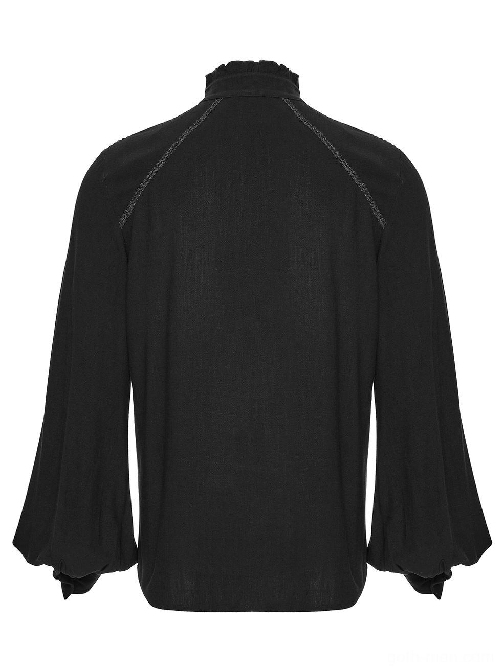 Black gothic shirt rear flat lay displaying clean back design, raglan seam construction, and gathered lantern sleeve cuffs with button details