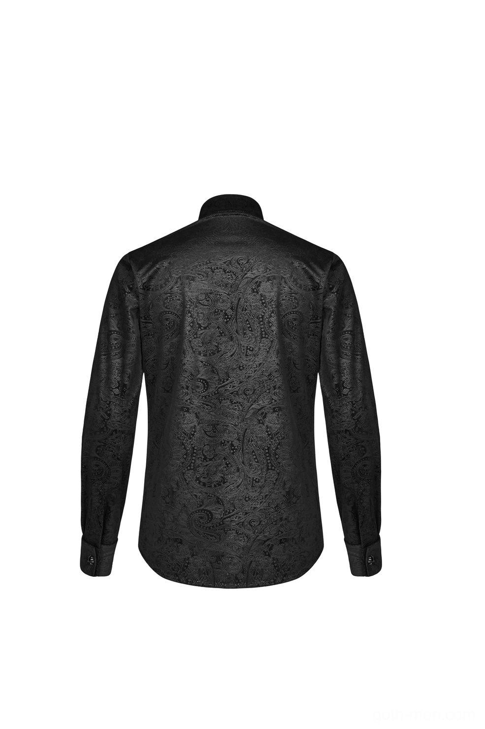 Rear flat lay of black gothic gentleman's shirt showcasing full paisley jacquard weave design