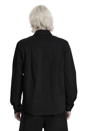 Black gothic punk workwear shirt back view showing structured silhouette and long relaxed sleeves