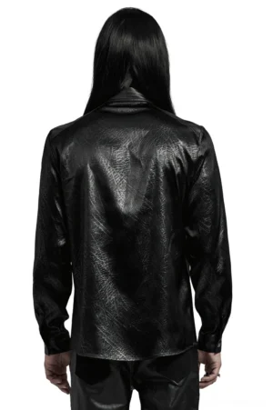 Black gothic crinkled leather shirt rear view showcasing back seam details and fitted silhouette