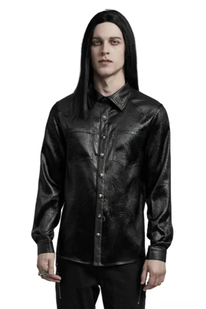 Black crinkled leather gothic shirt with shoulder splice design front view on male model