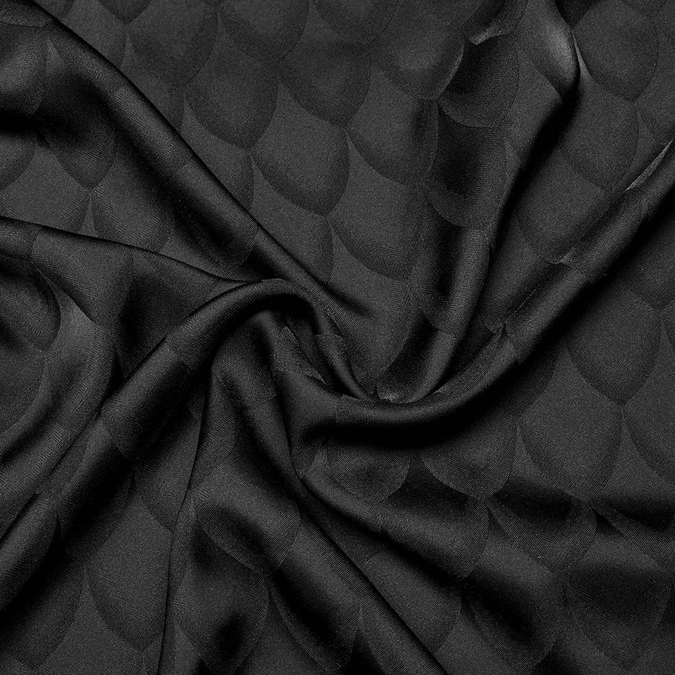 Close-up side lace trim detail on black jacquard gothic shirt braided pattern