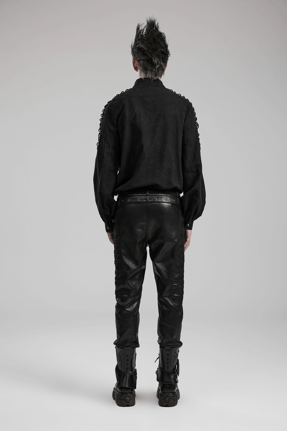 Black lace-up gothic shirt for men - side profile flat lay showing sleeve length and hem construction detail