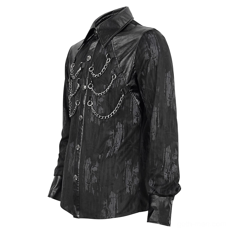 Black gothic long sleeve shirt side-front angle showing chest chain hardware and synthetic leather panels
