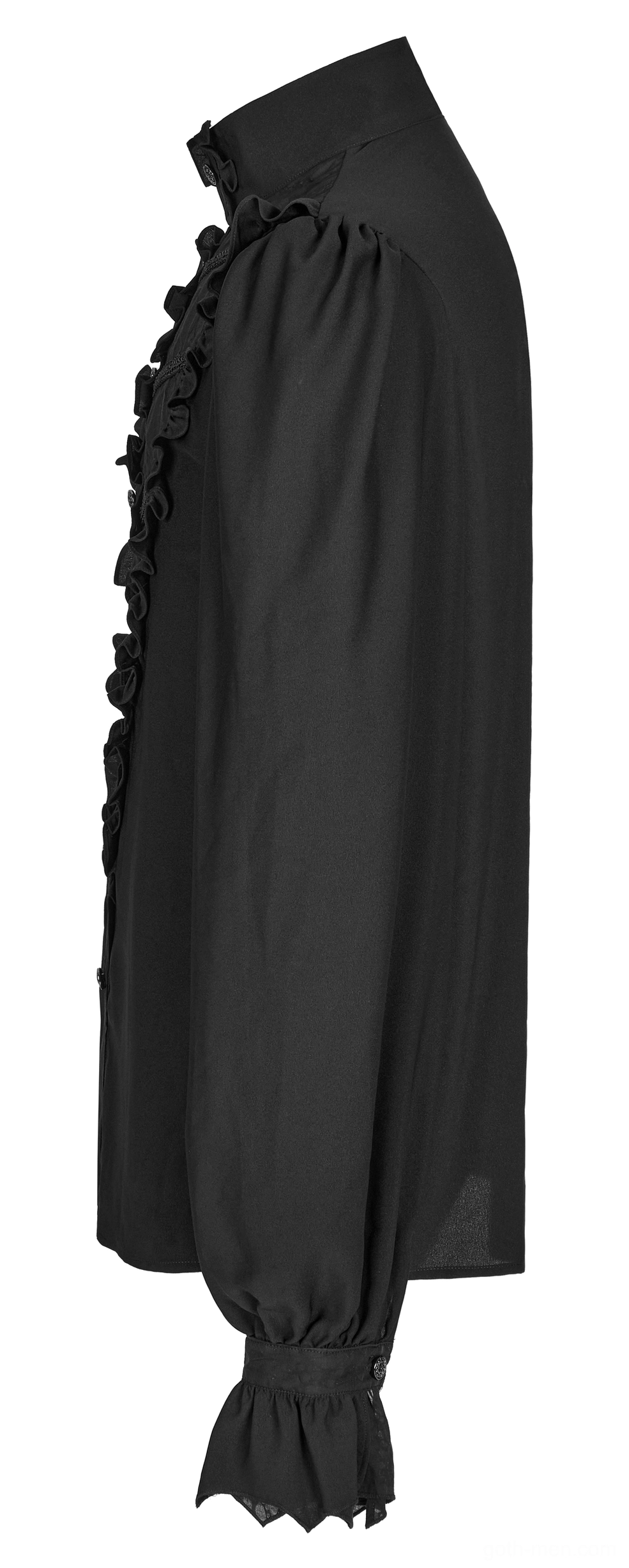 Side flat lay of black gothic ruffle shirt displaying ruffle along front edge, soft draped chiffon fabric, and flared ruffled cuff